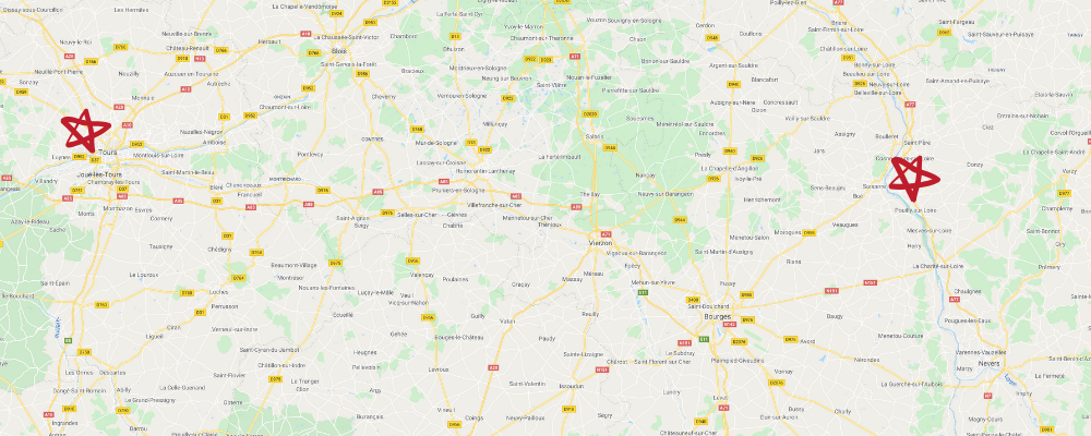 Map of Loire wine region in France with red stars near Tours and Sancerre