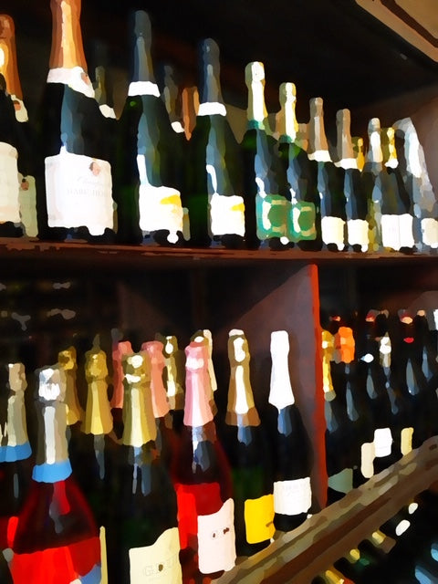 Champagne bottles on shelves