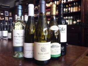 Five bottles of Sauvignon Blanc wine on a table in front of shelves of bottles of wine